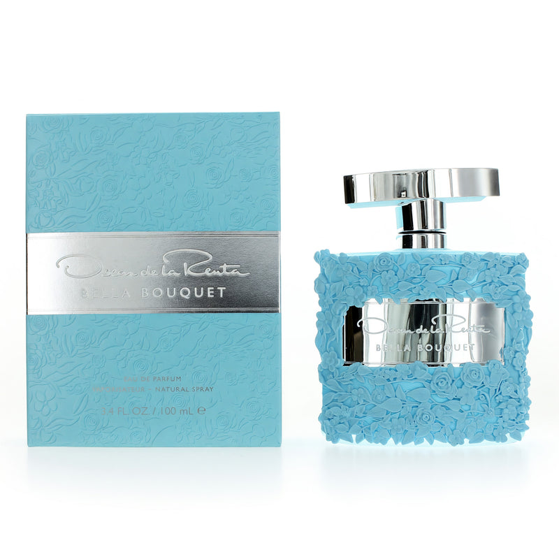 Oscar De La Renta Bella Bouquet 3.4 oz women's EDP spray bottle with elegant floral design.