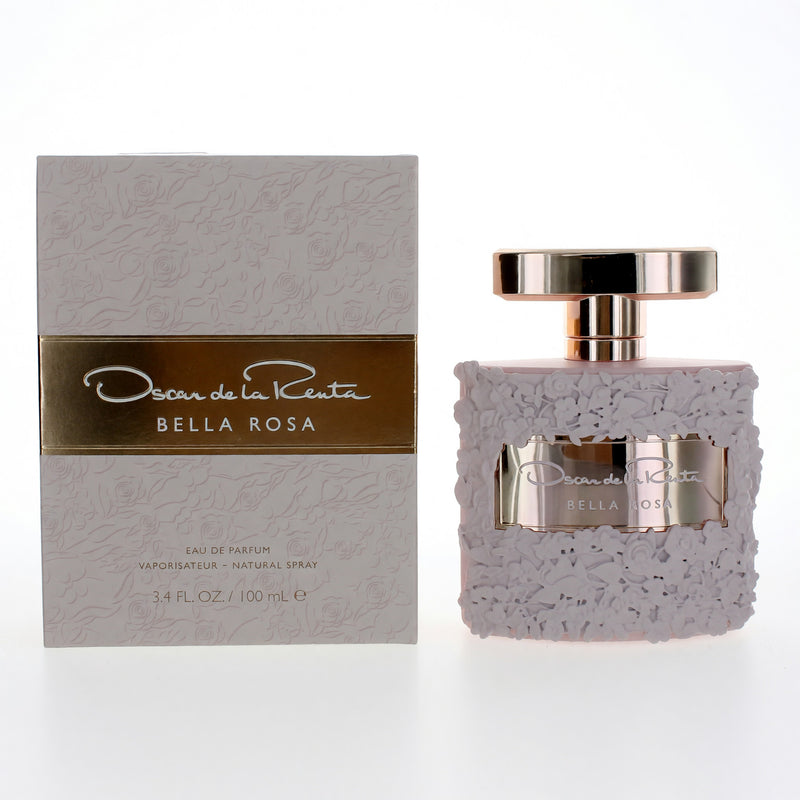 Oscar De La Renta Bella Rosa 3.4 oz women's EDP spray bottle, elegant floral fragrance in a sleek glass bottle