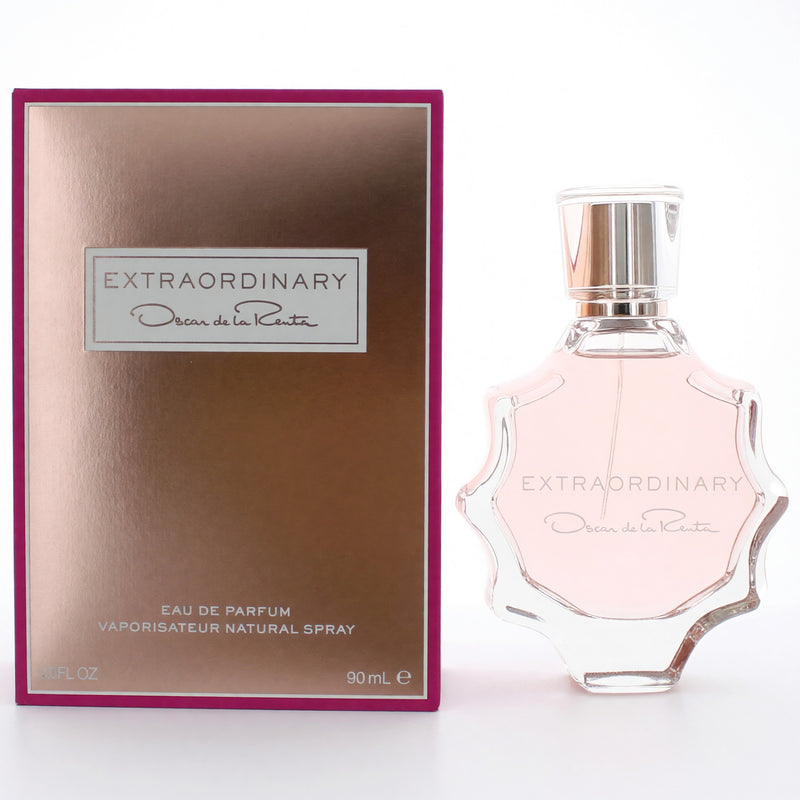 Oscar De La Renta Extraordinary 3 oz women’s EDP spray bottle with elegant packaging and floral design.
