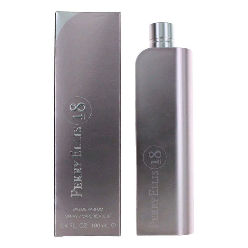 Perry Ellis 18 women’s 3.4 oz EDP spray bottle with sleek packaging, featuring the Perry Ellis brand logo and elegant design.