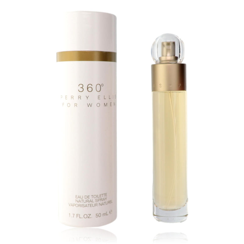 Perry Ellis 360' women’s 1.7 oz EDT spray bottle with sleek design and clear label, ready for use.