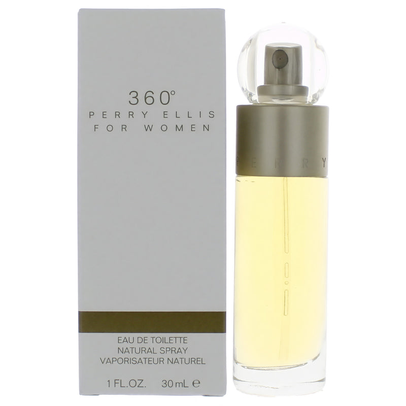 Perry Ellis 360 women’s 1 oz EDT spray bottle, featuring the Perry Ellis logo and elegant packaging.