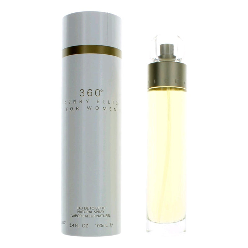 Perry Ellis 360 women’s 3.3 oz EDT spray bottle with clear cap and elegant packaging, showcasing the Perry Ellis brand logo.