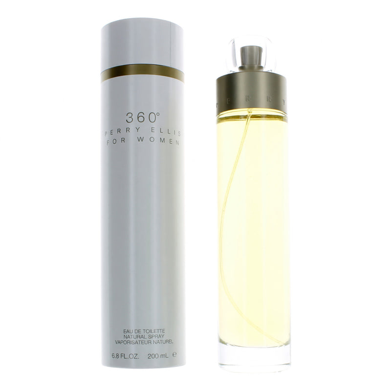 Perry Ellis 360 for Women EDT spray bottle, 6.8 oz, with elegant packaging and floral scent design.