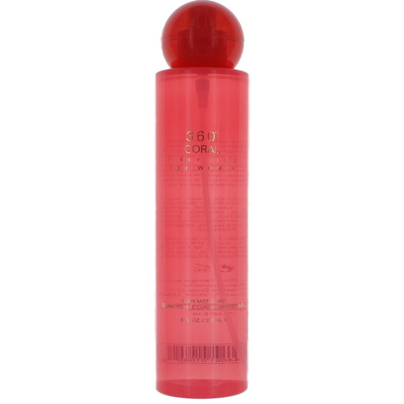 Perry Ellis 360 Coral body mist for women, 8 oz bottle with a colorful label, featuring floral and fruity scents.
