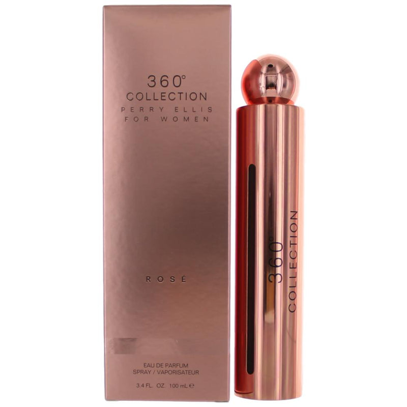 Perry Ellis 360 Collection Rose women’s 3.4oz EDP spray bottle with floral design and elegant packaging.