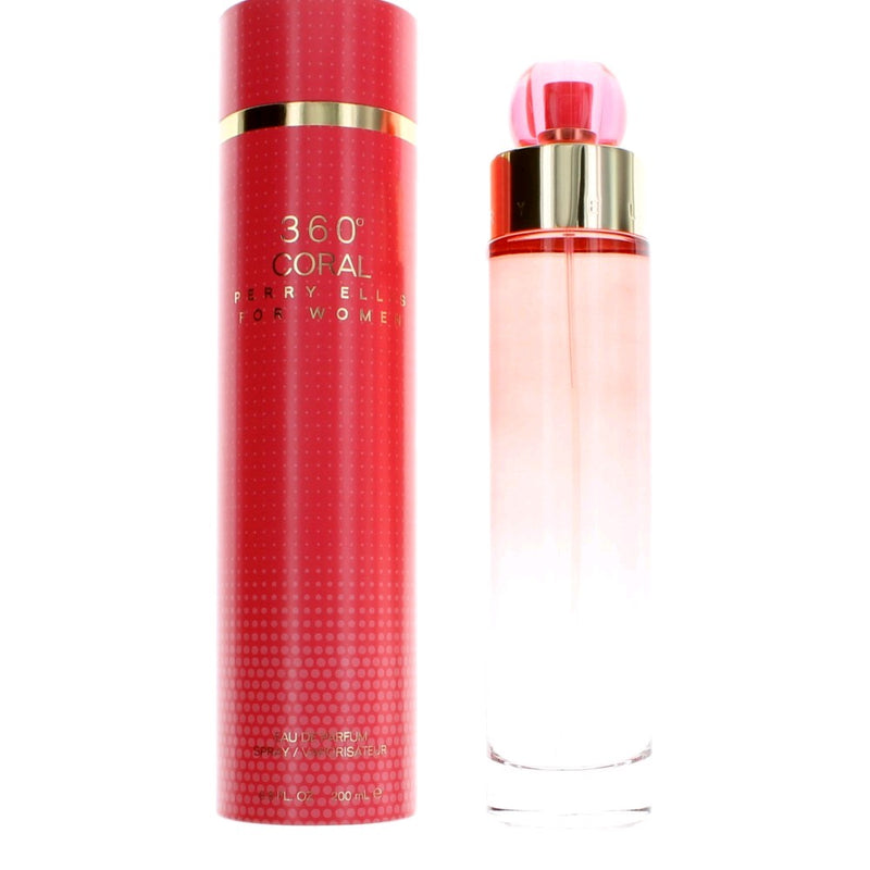 Perry Ellis 360 Coral women's 6.8 oz EDT spray bottle featuring a sleek design and colorful coral packaging.