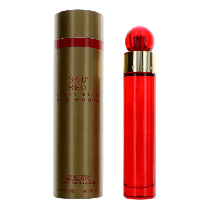 Perry Ellis 360 Red women's 3.4 oz EDP spray bottle with red and white packaging, featuring a sleek design and Perry Ellis branding.