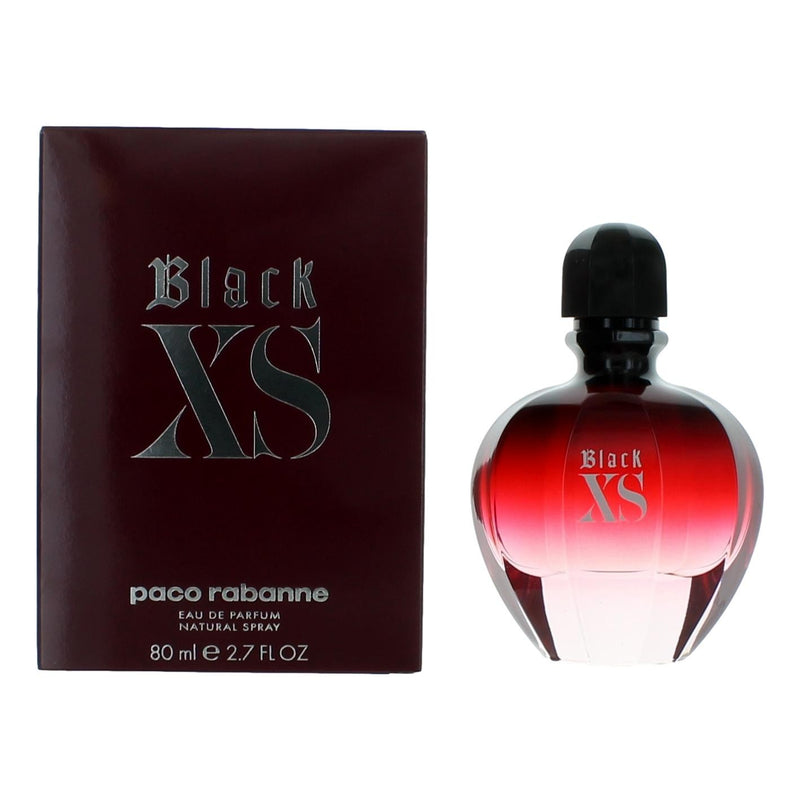 Black XS by Paco Rabanne 2.7 oz women's EDP spray bottle with sleek black packaging and silver accents.