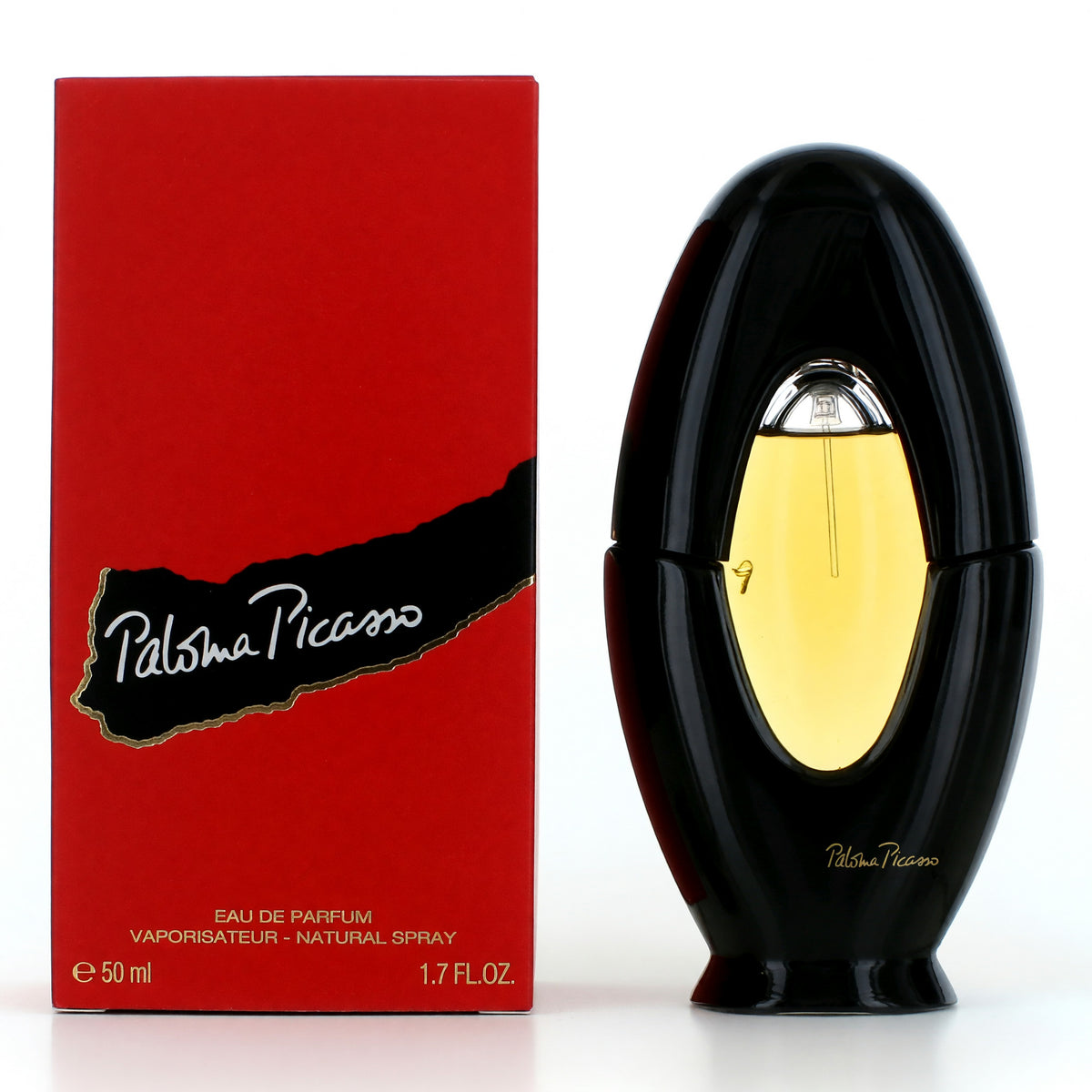 Paloma Picasso women’s 1.7 oz EDP spray bottle with elegant floral design and gold accents, showcasing the perfume packaging.