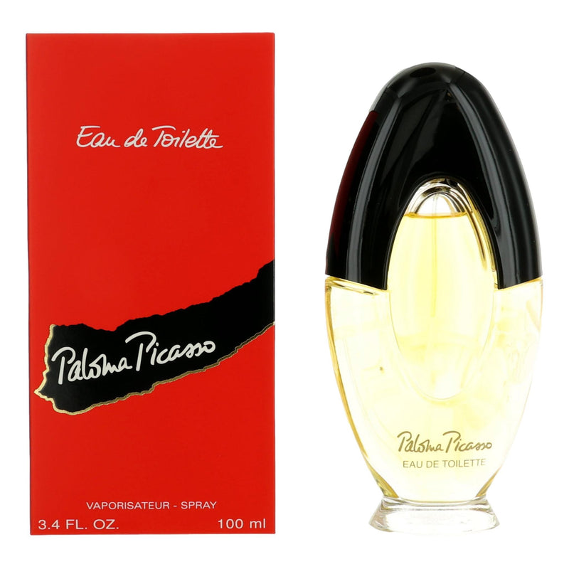Paloma Picasso by Paloma Picasso 3.4 oz women's EDT spray bottle with elegant floral design and clear cap.