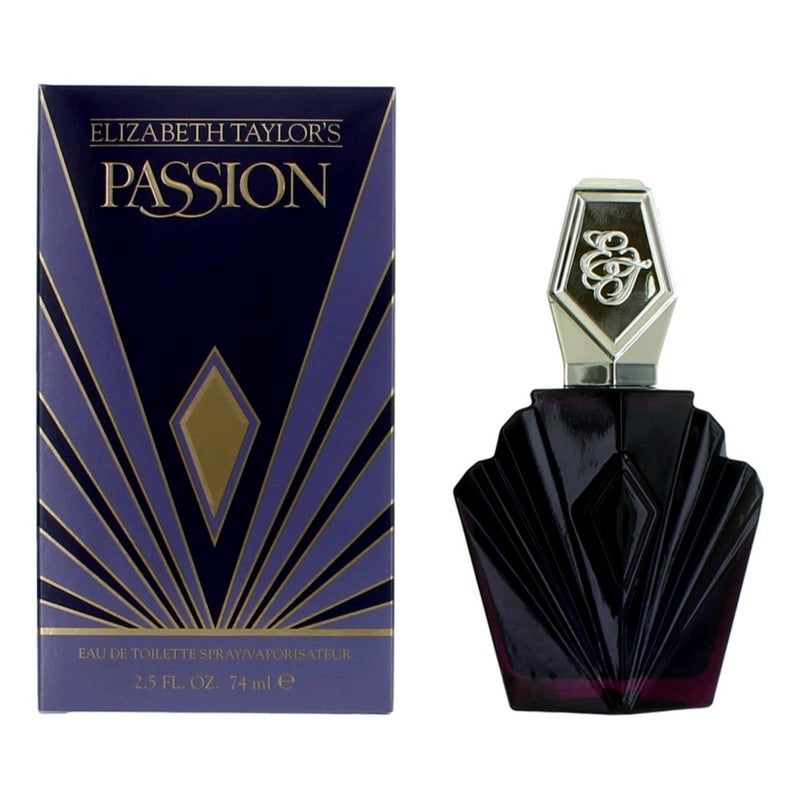 Elizabeth Taylor Passion 2.5 oz EDT spray for women, featuring a sleek glass bottle with floral perfume inside.
