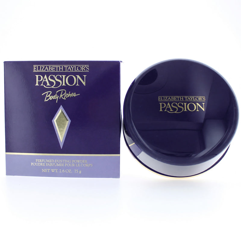 Elizabeth Taylor Passion perfumed dusting powder for women in a 2.6 oz container, featuring elegant packaging and floral design.