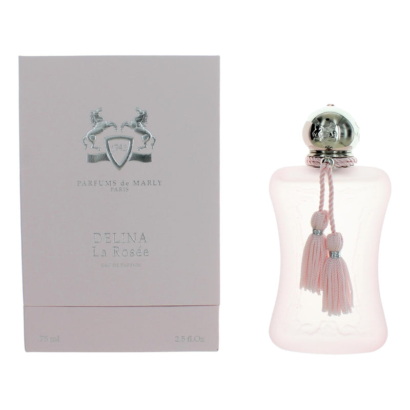 Parfums de Marly Delina La Rosee 2.5oz women’s EDP spray bottle with floral fragrance and elegant packaging.