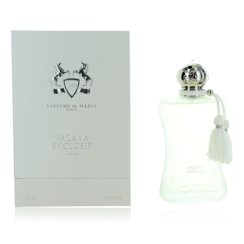 Parfums de Marly Valaya Exclusif unisex 2.5oz EDP spray bottle with elegant packaging and branding.