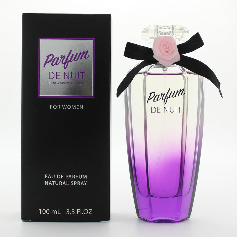 Parfum De Nuit by New Brand 3.3 oz women's EDP spray, elegant glass bottle with floral and citrus scent elements.