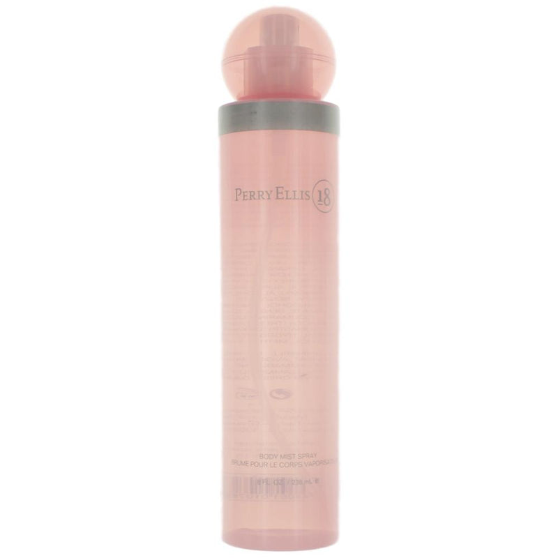 Perry Ellis 18 body mist spray for women, 8 oz bottle, featuring a sleek design and floral fragrance packaging.