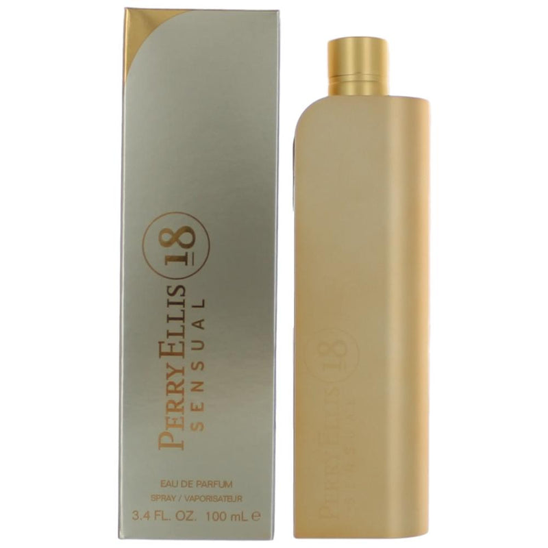 Perry Ellis 18 Sensual women’s 3.4 oz EDP spray bottle, elegant packaging with the Perry Ellis brand logo.