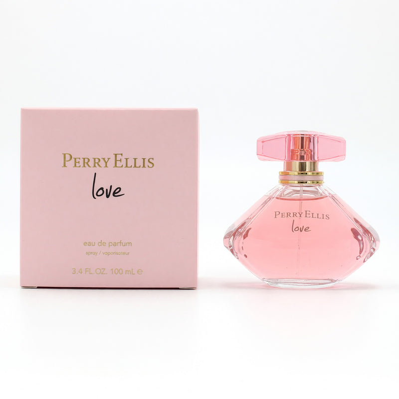 Perry Ellis Love women's 3.4 oz EDP spray bottle with elegant packaging and floral design.