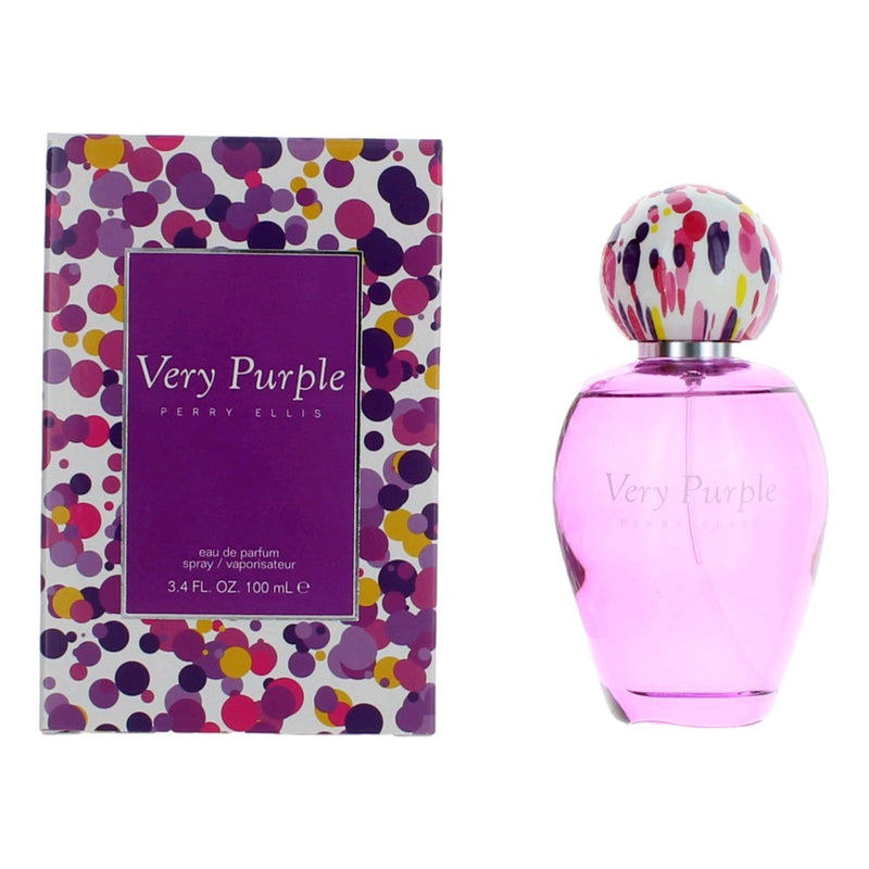 Perry Ellis Very Purple 3.4 oz women’s EDP spray bottle with purple packaging and floral design.