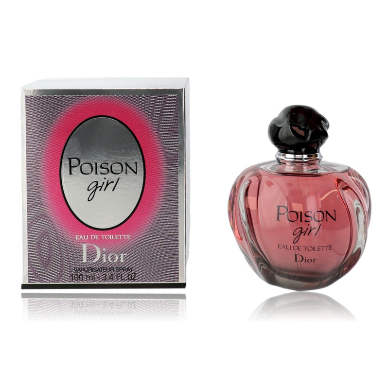 Christian Dior Poison Girl 3.4 oz EDT spray for women, featuring the elegant perfume bottle with gold accents.