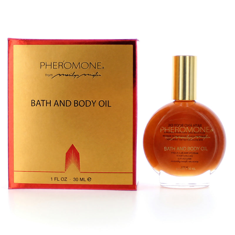 Marilyn Miglin Pheromone 1 oz bath and body oil for women, featuring a sleek bottle with elegant gold accents and clear liquid inside.
