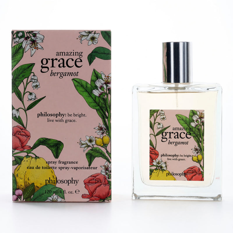 Philosophy Amazing Grace Bergamot 4 oz women’s EDT spray bottle with elegant packaging and clear branding.