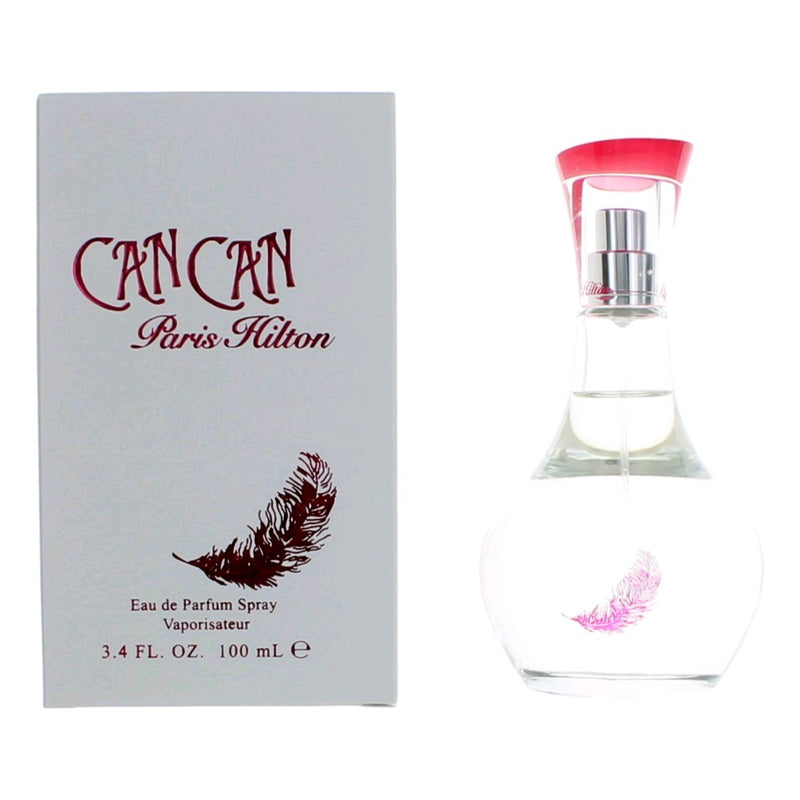 Paris Hilton Can Can 3.4 oz EDP spray for women, elegant perfume bottle with floral and fruity notes displayed.