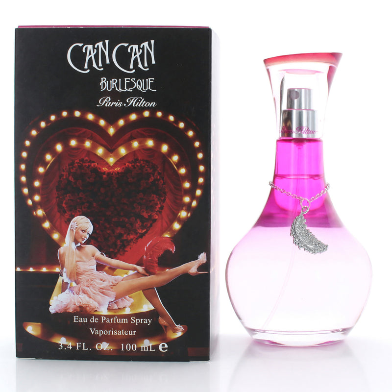 Paris Hilton Can Can Burlesque 3.4 oz women's EDP spray bottle with elegant packaging and floral accents.