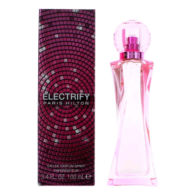 Paris Hilton Electrify 3.4 oz women's EDP spray bottle, elegant perfume with floral and citrus notes.