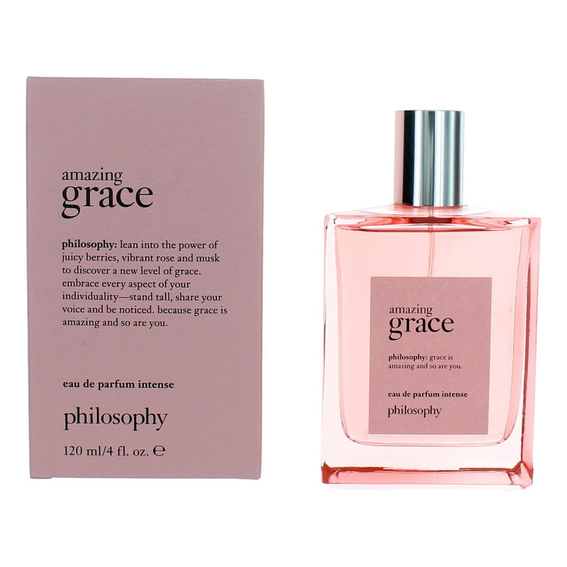 Philosophy Amazing Grace 4 oz EDP Intense spray for women, showing the elegant perfume bottle with a soft pink cap.