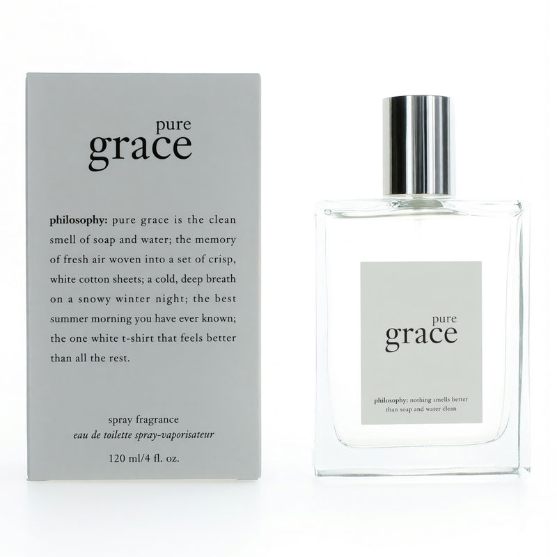 Philosophy Pure Grace 4 oz women’s EDT spray bottle with clear packaging and white cap, designed for everyday wear