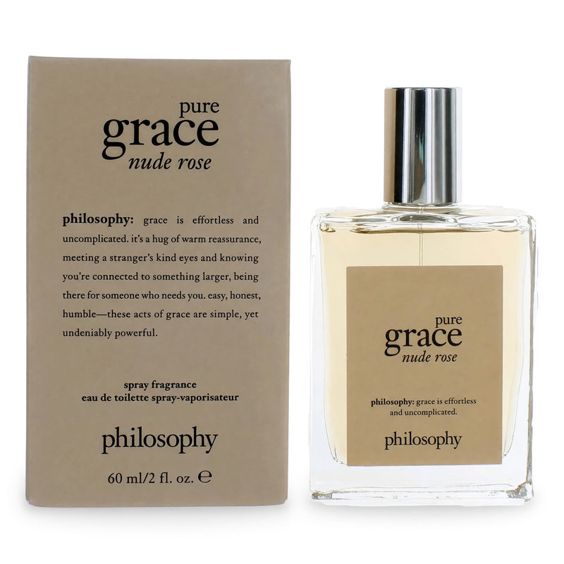 Philosophy Pure Grace Nude Rose 2 oz EDT spray for women, showing the elegant perfume bottle with rose accents.