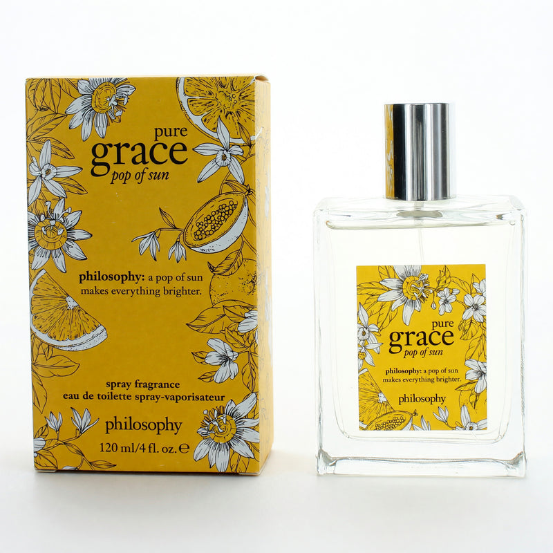 Philosophy Pure Grace Pop of Sun 4 oz EDT spray for women with a sleek bottle and bright, cheerful packaging.