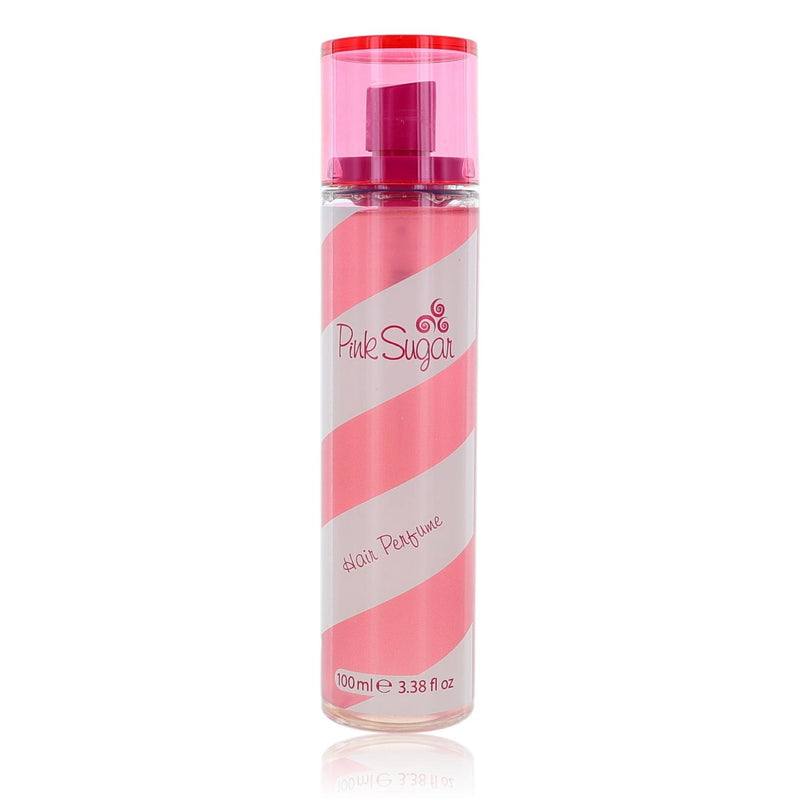Pink Sugar by Aquolina hair perfume spray for women, 3.38 oz bottle, featuring a pink-themed packaging and spray nozzle.