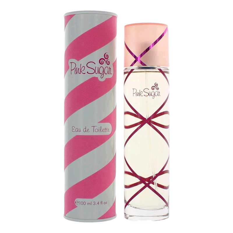 Pink Sugar by Aquolina 3.4 oz EDT spray for women, featuring a pink-colored bottle with a whimsical design.