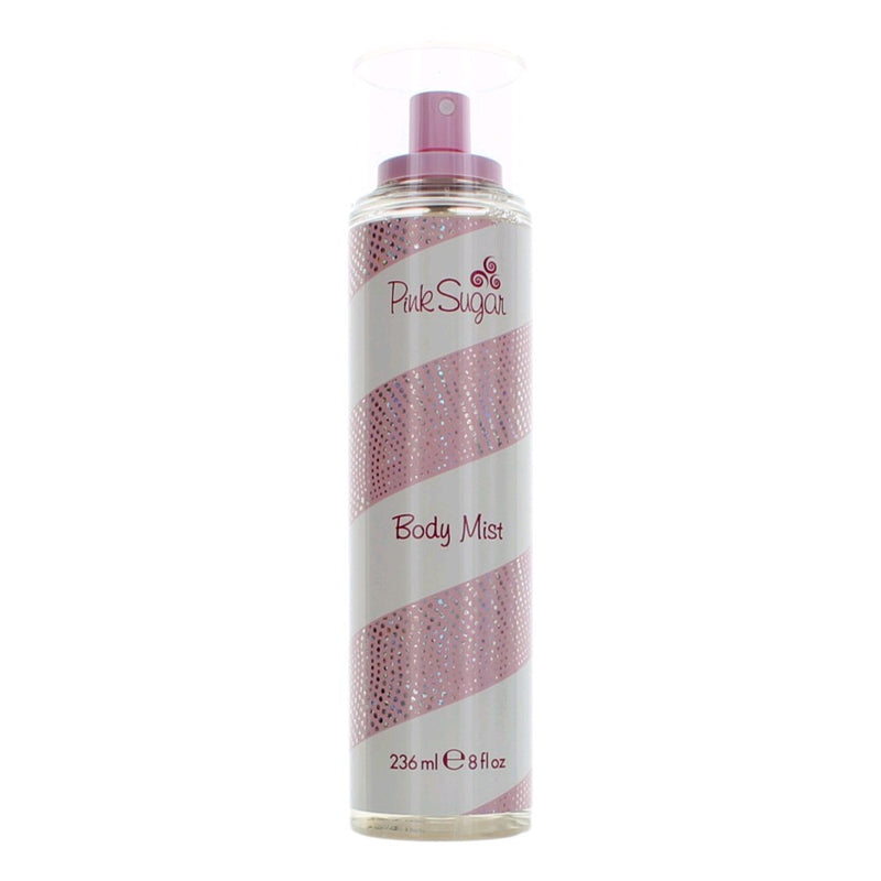 Pink Sugar by Aquolina 8 oz body mist for women, featuring a pink bottle and floral design, ideal for fresh, sweet fragrance.