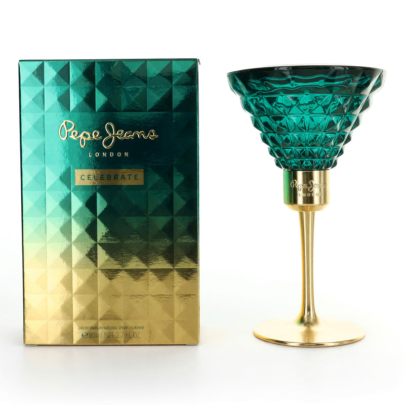 Celebrate by Pepe Jeans London women’s 2.7 oz EDP spray, elegant perfume bottle with floral design and gold accents.