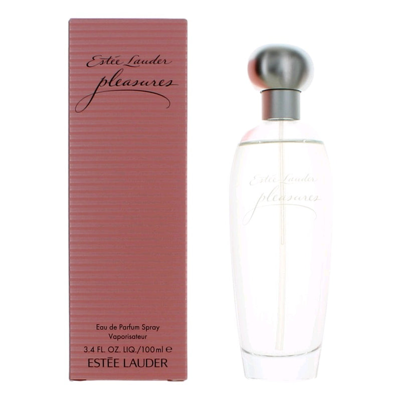 Estee Lauder Pleasures perfume spray for women, 3.4 oz EDP bottle with a sleek design and floral accents.