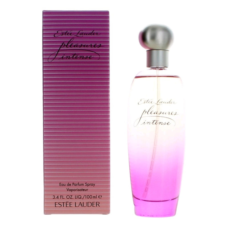 Estee Lauder Pleasures Intense 3.4 oz women’s EDP spray with floral and fresh fragrance, displayed in a clear glass bottle.