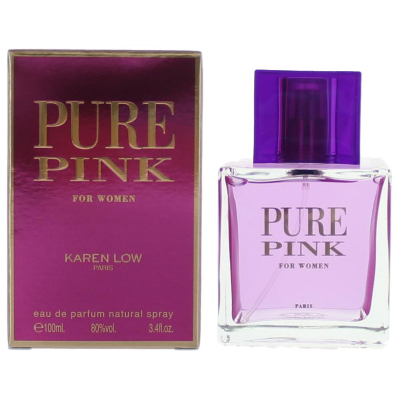 Karen Low Pure Pink 3.4 oz women’s EDP spray bottle, elegant perfume with pink accents and floral design.