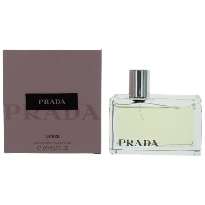 Prada Amber by Prada 2.7 oz women's EDP spray bottle with elegant packaging and a sleek design.
