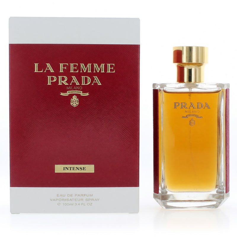 Prada La Femme Intense 3.4 oz women's perfume spray bottle with elegant packaging and fragrance details.