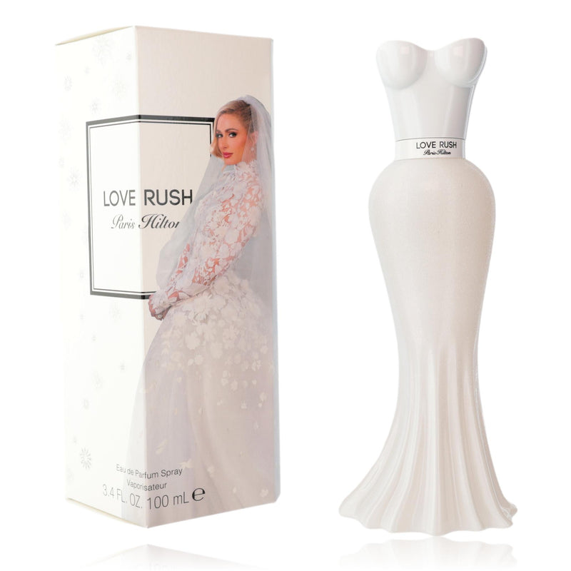 Paris Hilton Love Rush 3.4 oz Eau de Parfum spray for women, featuring the elegant perfume bottle on display.