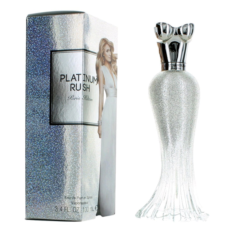 Paris Hilton Platinum Rush 3.4 oz women’s EDP spray bottle, elegant packaging for a luxurious fragrance experience
