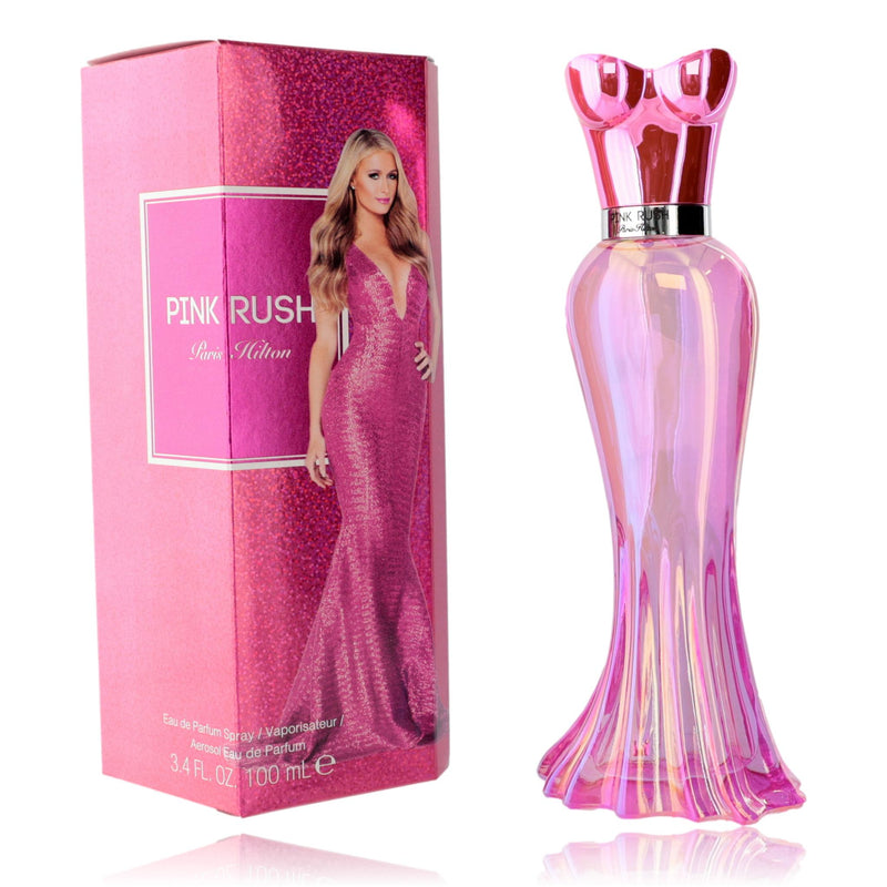 Paris Hilton Pink Rush 3.4 oz women's EDP spray bottle with pink and purple floral design, showcasing the perfume container.