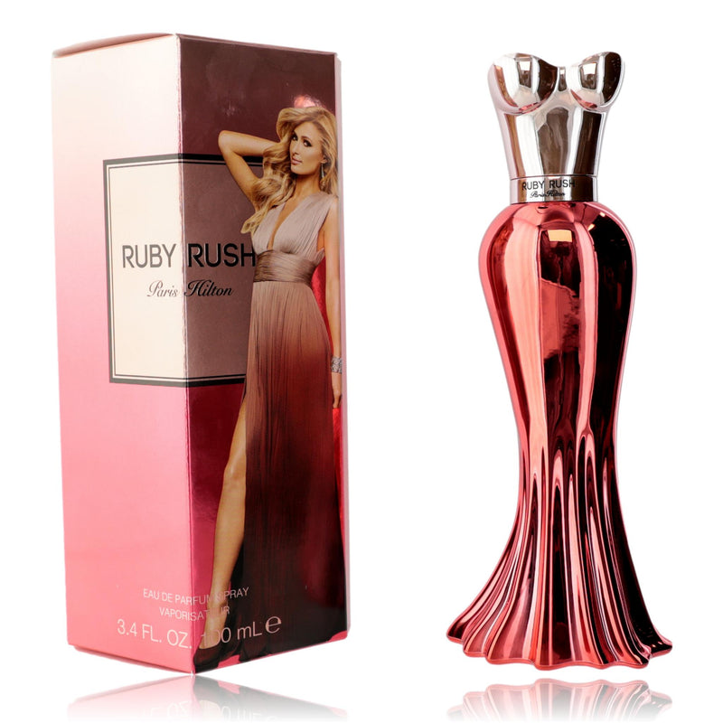 Paris Hilton Ruby Rush 3.4oz Eau de Parfum spray for women, featuring a stylish bottle with a deep red and gold design.