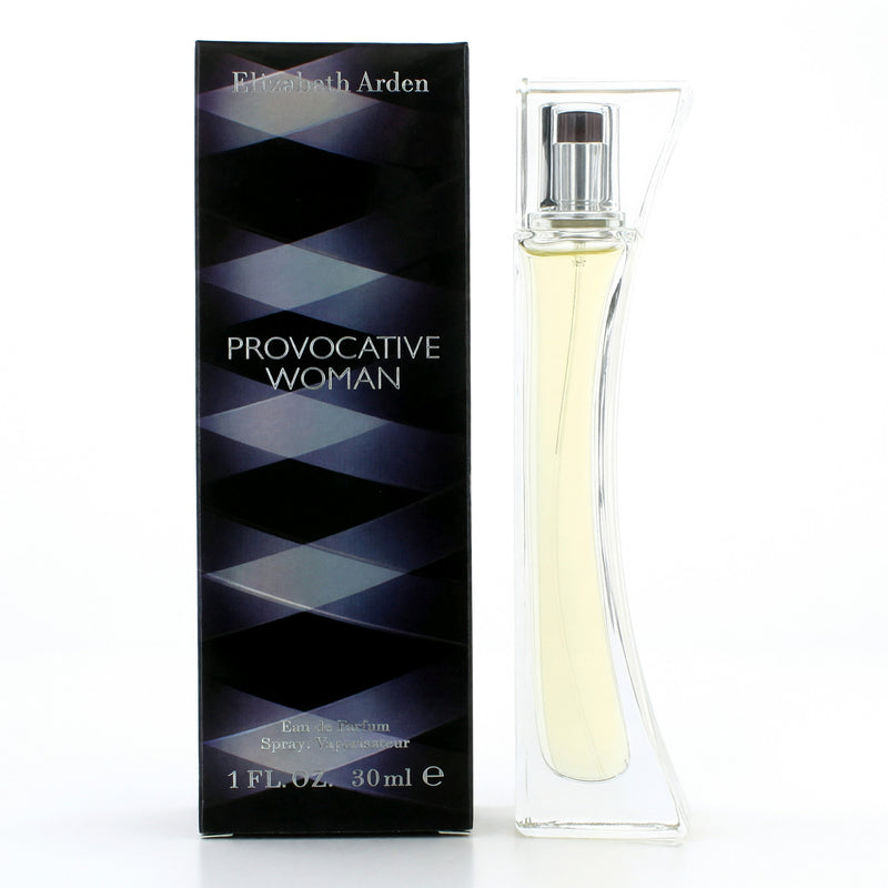 Elizabeth Arden Provocative Woman 1 oz perfume spray for women, featuring elegant glass bottle with floral and fruity scent elements.