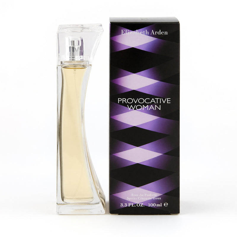 Elizabeth Arden Provocative Woman 3.3 oz EDP spray for women, featuring a sleek perfume bottle with a gold-toned cap.