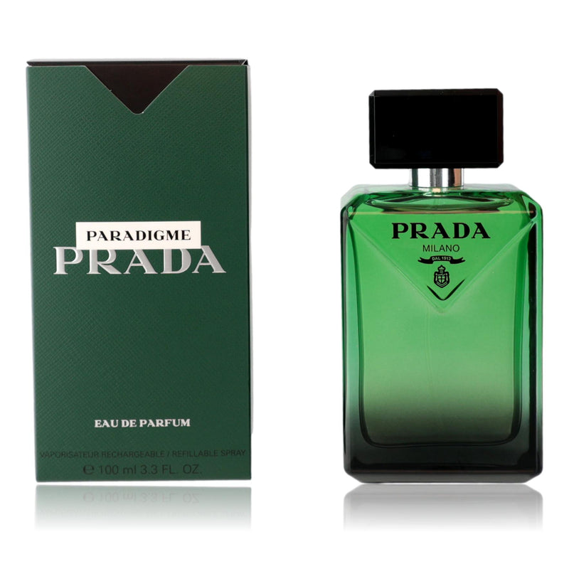 Prada Paradigme men's 3.3 oz EDP spray bottle, sleek design with Prada branding, ready for use.